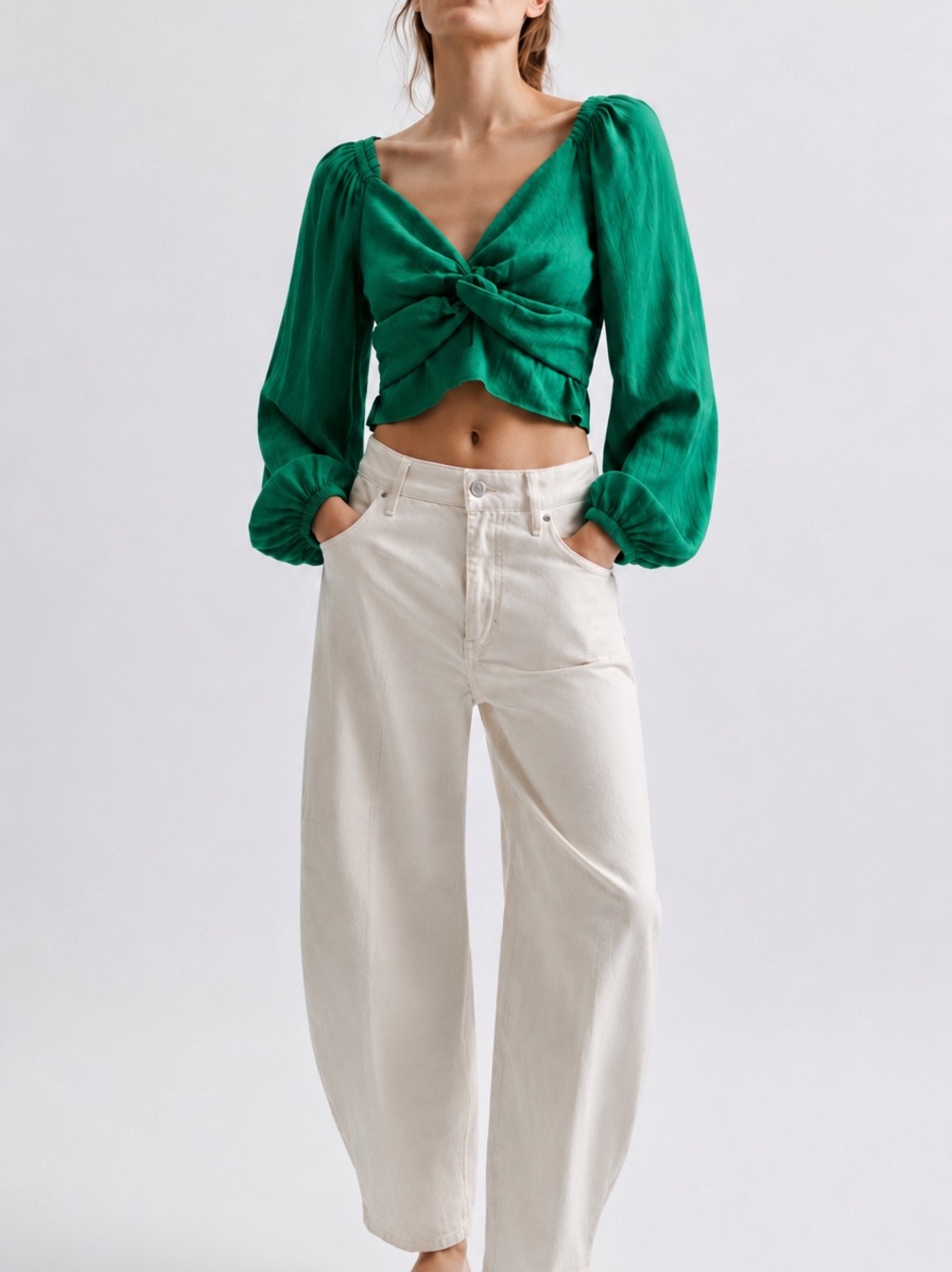 Vidussa Green Twist-Front Long Sleeve Crop Top